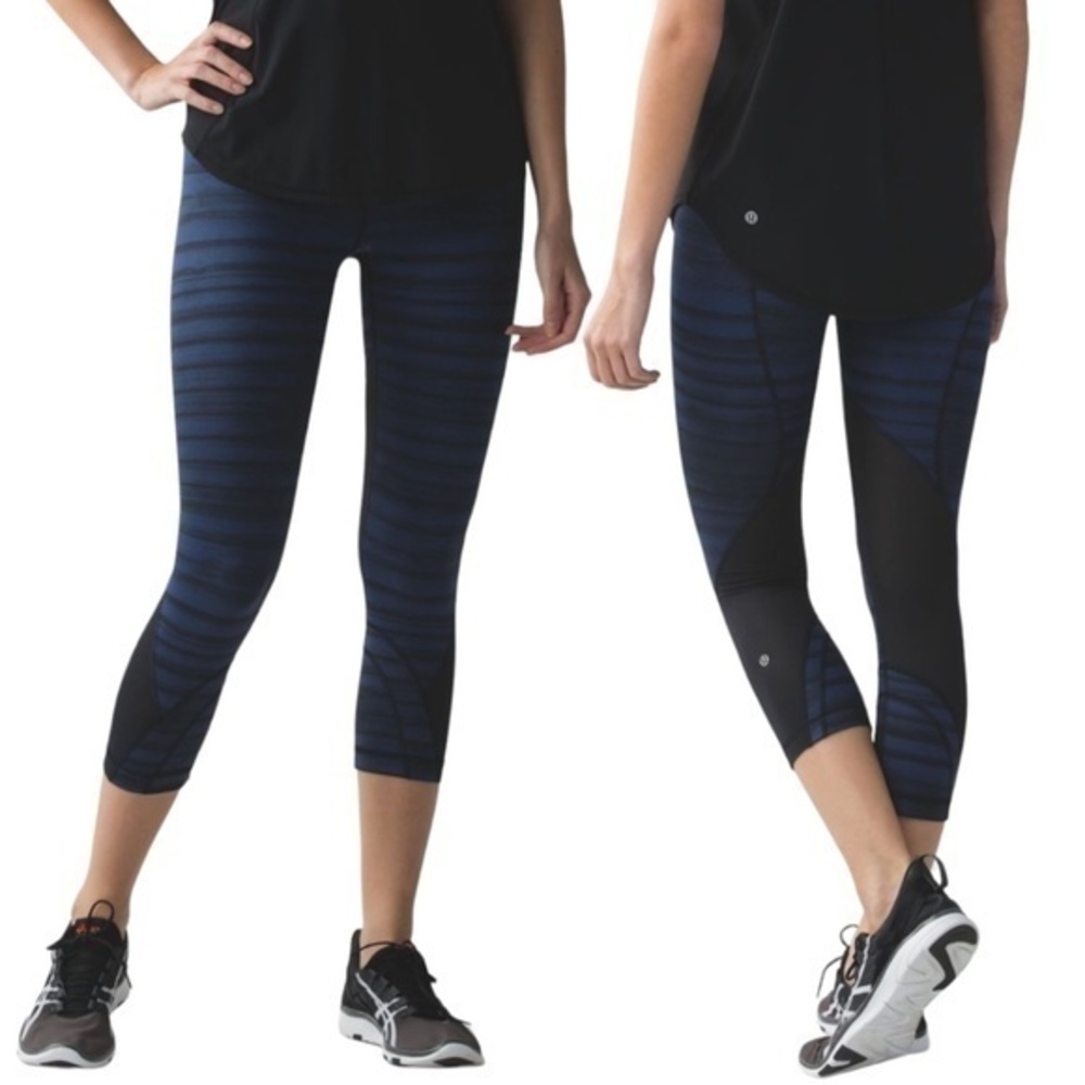 Lululemon Leggings Run Inspire Crop II Luxtreme Mesh Good Vibes Navy Black Sz 6